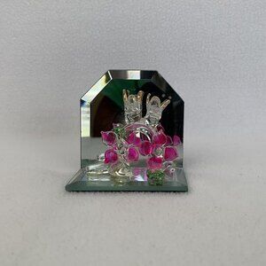 Hand Blown Spun Glass Miniature Love Birds Pink Flowers Mirrored Base Figurine